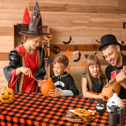 Halloween Plastic Tablecloth 54x108 Inch Rectangular Disposable Checkered Orange Black - Vedran 3 Pack