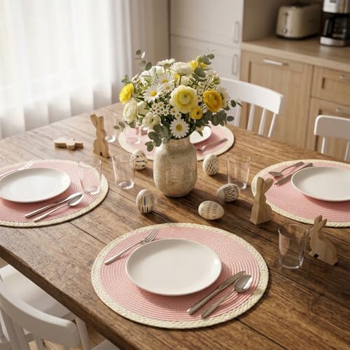 Pink Round Placemats Set of 8 - Woven Table Mats for Dining Room