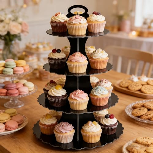 Large 4-Tier Cupcake Stand Black Dessert Display Tower for Weddings & Parties