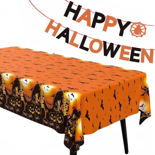 Halloween Tablecloth Set with Banner - 54x72 Inch Plastic Cover Party Supplies