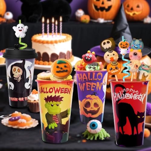 48 Pack Halloween Party Cups with Lids & Straws - Festive Favors & Decor - Variation of 48