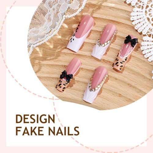 Pink Long Square Press-On Nails with Leopard & 3D Black Bow - DIY Nail Kit