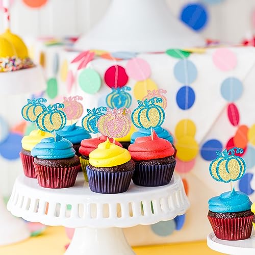 Blue Pink Pumpkin Cupcake Toppers 24Pcs Baby Shower Halloween Birthday Decor - Variation of F