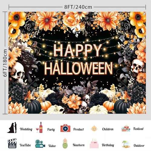 Halloween Photo Backdrop 8x6ft Black Orange Floral Skull Banner - Spooky Party Decor, Indoor Outdoor Photography Prop Variation: Black Orange, Halloween / 8x6ft