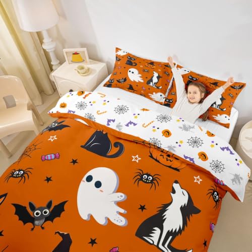 Halloween Bedding Set King Size Cartoon Ghost Pumpkin Black Cat Wolf Bed Cover - Spooky Decor