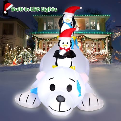 6 Ft Inflatable Christmas Polar Bear with Penguins LED Lights Outdoor Yard Decor
