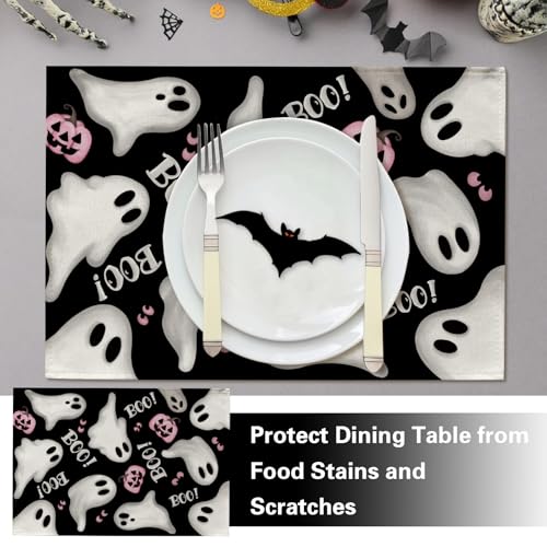 Halloween Ghost Placemats Set of 4 - Spooky Boo Table Decor 12x18"