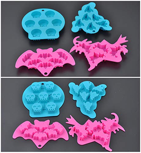 Halloween Silicone Molds 4-Pack Bat Skull Ghost Witch for Candy Cake Baking