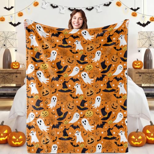 Orange Halloween Blanket 40x60 Inches Ghost Pumpkin Fleece Throw for Kids & Adults - Fall Holiday Gift