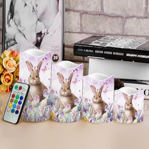 Easter Bunny Purple Floral Flameless Candles Set with Remote & Timer - Color Changing LED Pillars