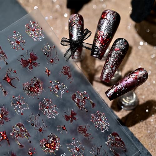 Halloween Glitter Nail Stickers with Spider Web and Heart Design - Style 17