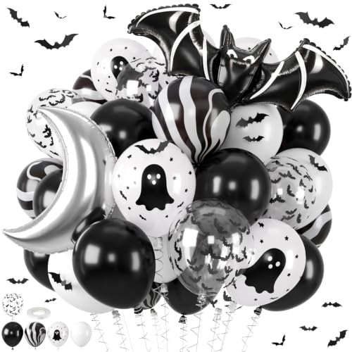 Black Silver Halloween Balloons Set with Ghost, Bat & Moon Foil - Party Decorations
