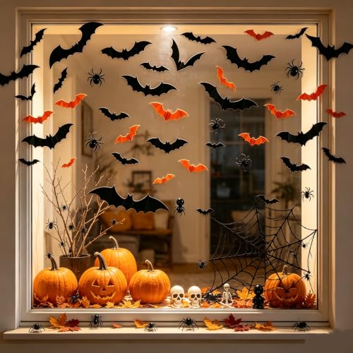 Halloween Wall Stickers - 64PCS 3D Bats & Spiders Reusable Waterproof Decals - Color 1