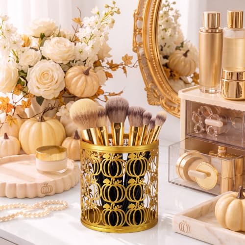 Golden Pumpkin Metal Pen & Makeup Brush Holder - Fall Desk Organizer