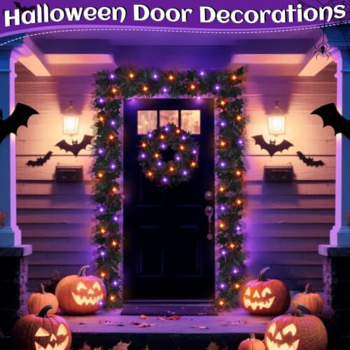 Black Halloween Garland with Orange Purple Lights 3 Pack - Timer Function