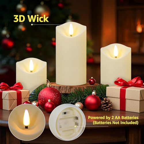 Flameless Candles with Timer - Ivory 3-Piece Battery Operated Flickering Pillar Candles for Holiday & Home Decor