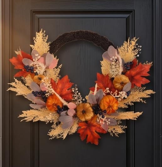24-Inch Collapsible Fall Wreath with Pumpkins and Lights for Front Door