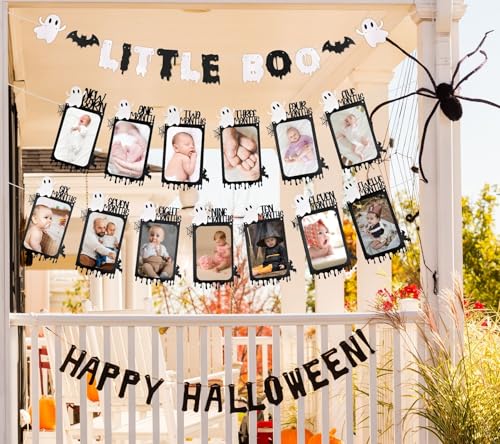 Black Little Boo Halloween Baby Milestone Banner - Glitter Ghost Photo Decoration for 1st Birthday