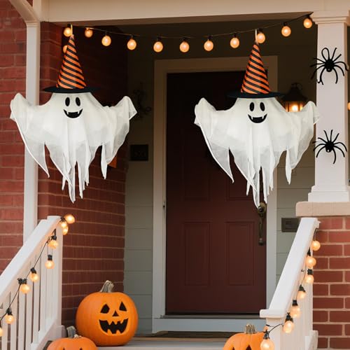 Halloween Ghost Animatronic Hanging Decoration with Sound & Lights - Creepy Ghost with Witch Hat - 20x27 Inch - Battery Operated - Spooky Outdoor Halloween Decor - Variation: Halloween Ghost
