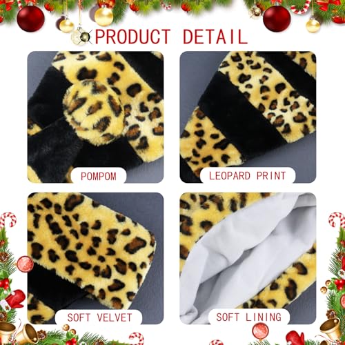 Leopard Santa Hat Unisex Christmas Party Hat with Fluffy Pompom - Holiday Costume Accessory