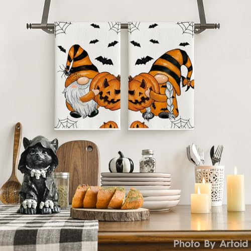 Pumpkin Gnome Halloween Kitchen Towels Set of 2 - 18x26 Inch Decorative Dish Towels