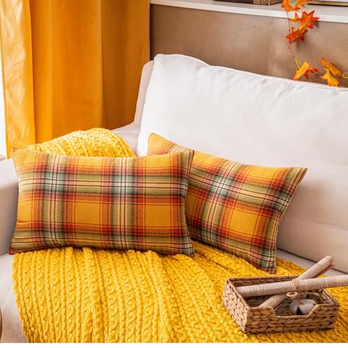 Fall Plaid Yellow Throw Pillow Covers Set of 2 - 12x20 Inch Autumn Decor