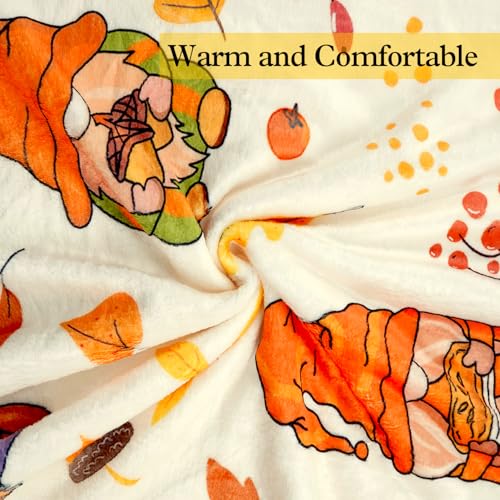 Autumn Fall Blanket Gnome Pumpkin Leaves Cream Cozy Throw 50x60in