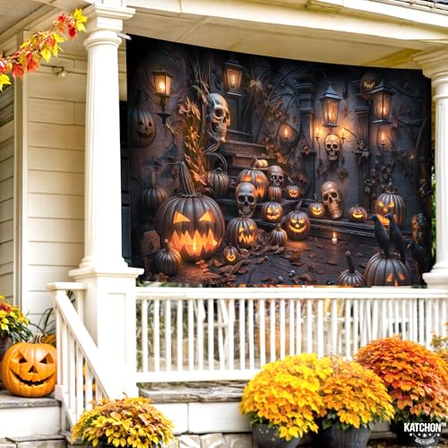 Halloween Backdrop 72x44 Inch - Spooky Haunted Mansion Scene - Orange & Black Variation