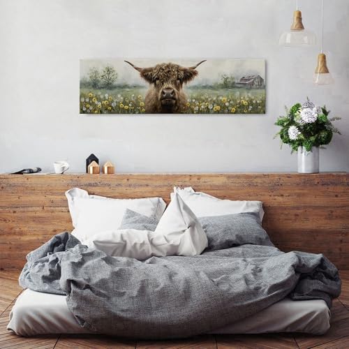 48 Inch Highland Cow Farmhouse Wall Art - Rustic Dandelion Scene for Living Room