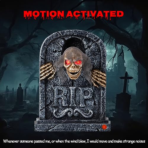 Motion Activated Halloween Animatronic Zombie Tombstone with LED Eyes & Creepy Voice - Indoor/Outdoor Decor