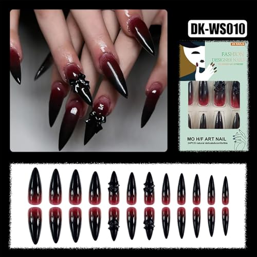 Halloween Long Stiletto False Nails Blood Set - Black Bow Tie Variation 23