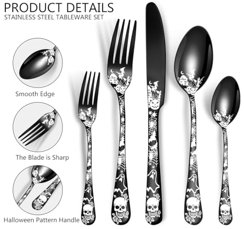 Halloween Skeleton Flatware Set for 4 - 20-Piece Stainless Steel Cutlery with Color Variations