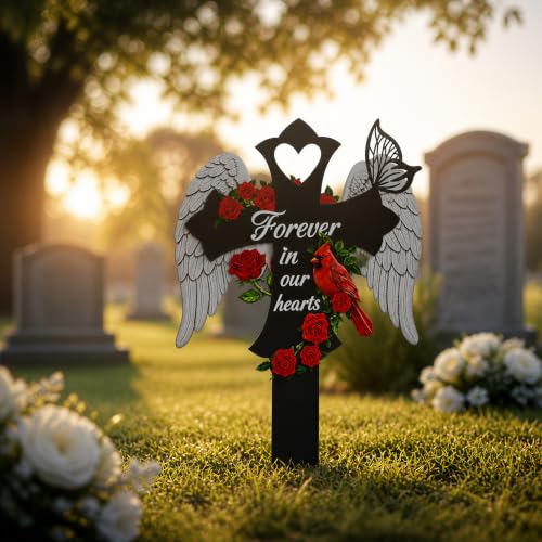 Memorial Cemetery Plaque with Cardinal and Cross - Outdoor Grave Marker
