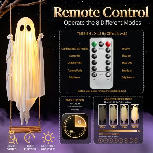 Large 5FT Hanging Ghost Swing Halloween Decor with 13FT Adjustable Length and Lights - Outdoor Yard Decoration