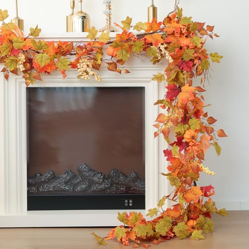 Fall Decor Artificial Maple Leaf Pumpkin Garland - Yellow Pk 6FT Autumn Thanksgiving Halloween
