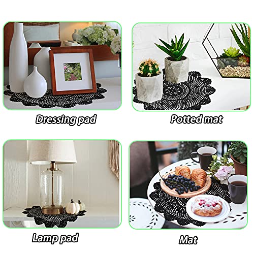Black Crochet Doilies Set of 2 - 15 Inch Round Cotton Lace Coasters for Home Decor