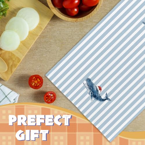 Whale Ocean Blue Stripe Christmas Kitchen Towels 16x24 - Variation 35