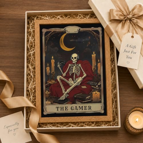 Gamer Tarot Wall Art - Framed Skeleton Gaming Decor, 16 x 12 Inches