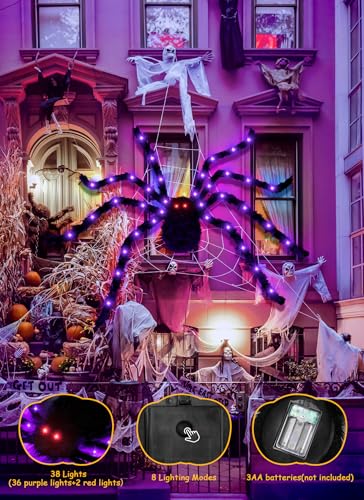 Black Halloween Spider Decorations 59 Inch Lighted Fake Spiders 2 Pack