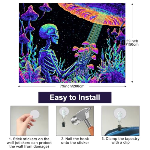 Skeleton UFO Blacklight Tapestry - Psychedelic Gothic Wall Backdrop 78x59 Inch