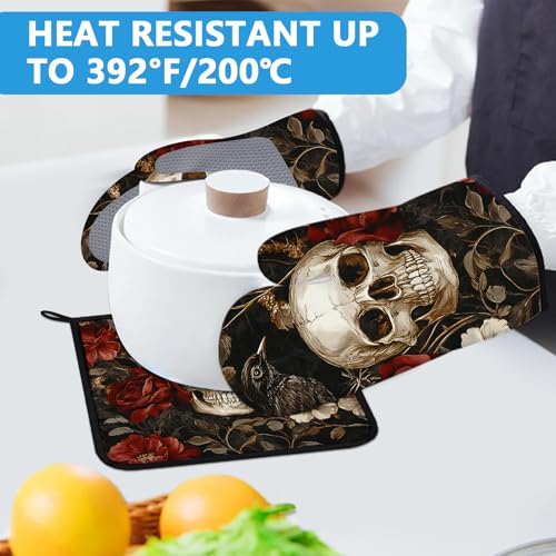 Halloween Skull Rose Crow Oven Mitts & Pot Holder Set - Heat Resistant Kitchen Accessories