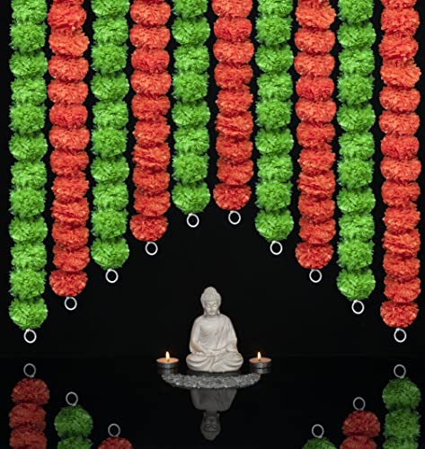 Artificial Marigold Garland Set - 10 Pcs, 4.5 Feet Long for Diwali Weddings Home Decor - Green & Orange Variation of Gold Orange + Green