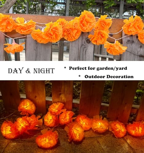 Marigold Garland Lights String - 10ft, 20 LED Artificial Flowers, Ø 3.5 Inches, Day of the Dead & Festival Decor