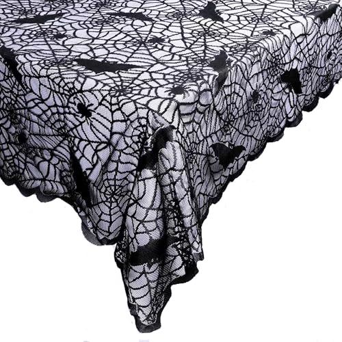 Halloween Lace Tablecloth 70x52 Inch Black Bat Spider Web Gothic Decor for Fall Parties