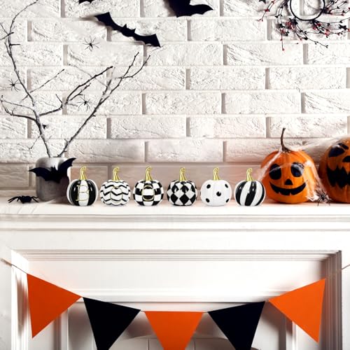 Ceramic Halloween Pumpkin Decor Set - 6 Black & White Buffalo Plaid, Polka Dots & Stripes, Fall & Thanksgiving Decor