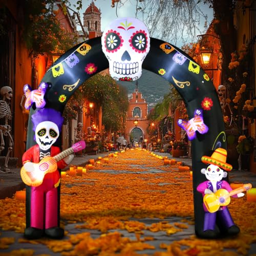 Large Halloween Inflatable Archway with LED Lights - Day of the Dead Skeleton & Sugar Skull Decor