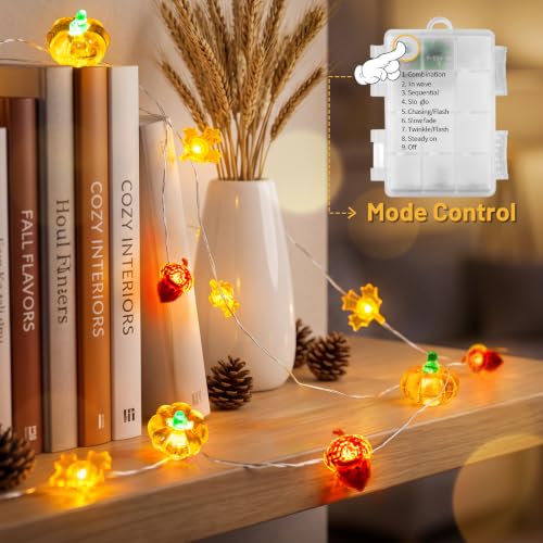 Orange Pumpkin with Maple & Acorn Halloween Lights - 40 LED Battery-Operated with Timer & Remote