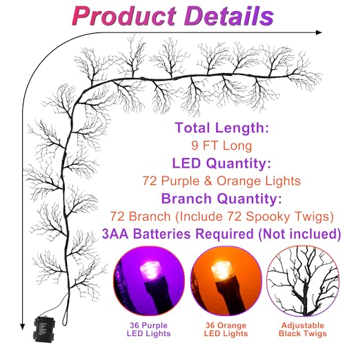 Lighted Halloween Garland with Orange & Purple LEDs - 9 Ft Battery Operated Decor with 8 Modes & Timer