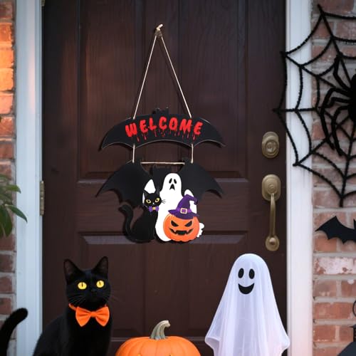 Halloween Ghost Door Wreath - Wooden Fall Autumn Party Decor for Front Door & Wall