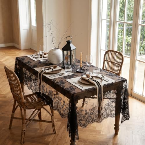 Black Lace Tablecloth 60x120 Inches - 2 Pieces Rectangular Halloween Party Decor